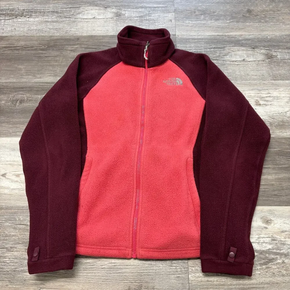 The North Face Maroon Coral Color Block Womens S Fleece Full Zip Collared Jacket